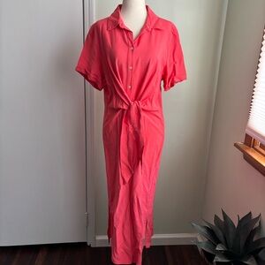 LOFT coral pink Button Front Midi Dress with belt size 10 euc